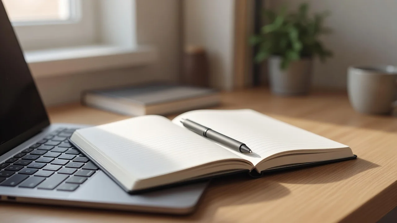 Özet hazırlığı — defter, kalem ve dizüstü bilgisayar