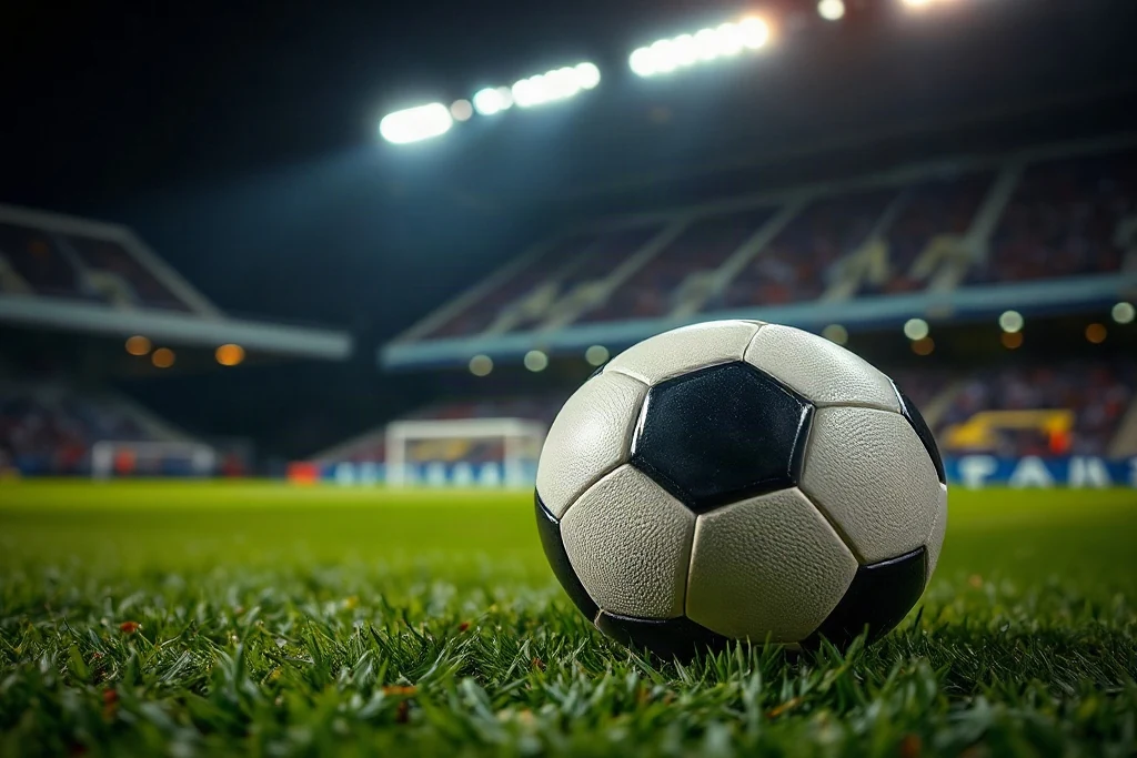 Gece stadyumunda çim sahanın üzerinde futbol topu, arka planda projektör ışıkları
