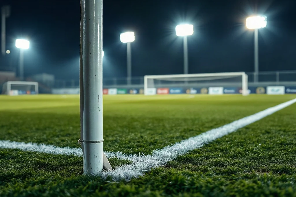 Flood ışıkları altında gece stadyumunda yeşil futbol sahasının köşe bayrağı yakın çekimi