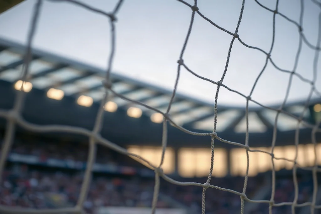 Bulanık boş stadyum önünde futbol kalе ağı yakın çekimi