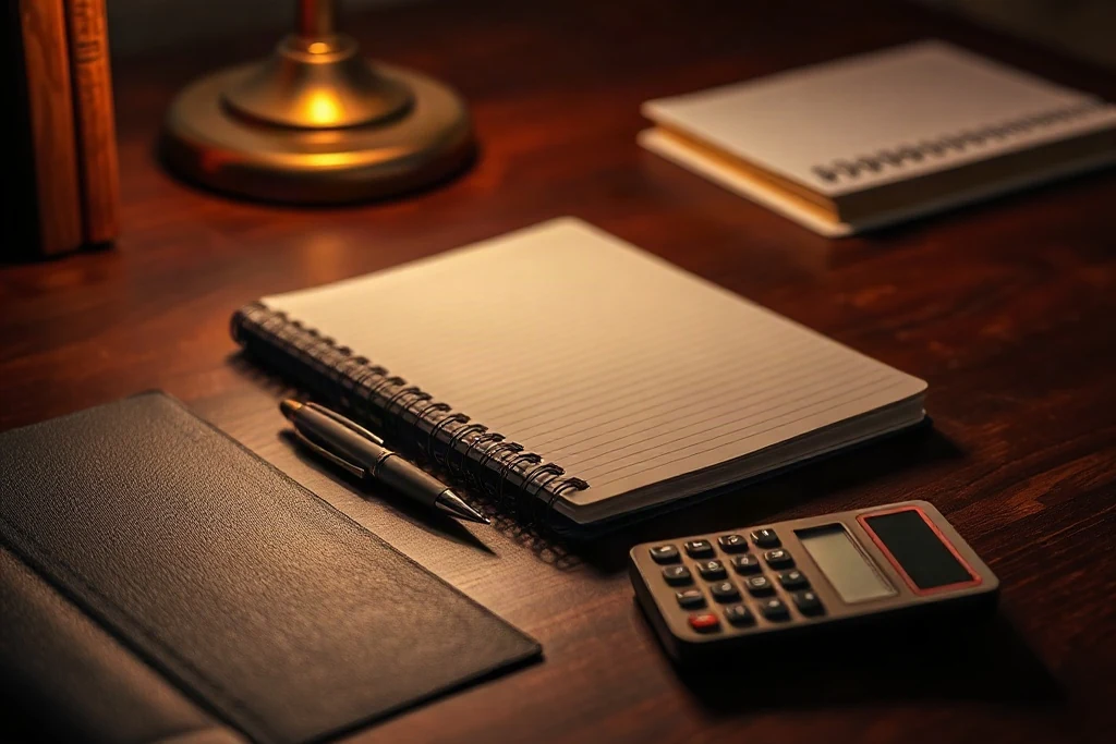 Koyu ahşap masa üzerinde defter, kalem ve küçük hesap makinesi