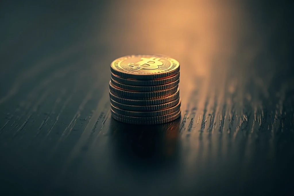 Koyu ahşap masa üzerinde küçük madeni para yığını