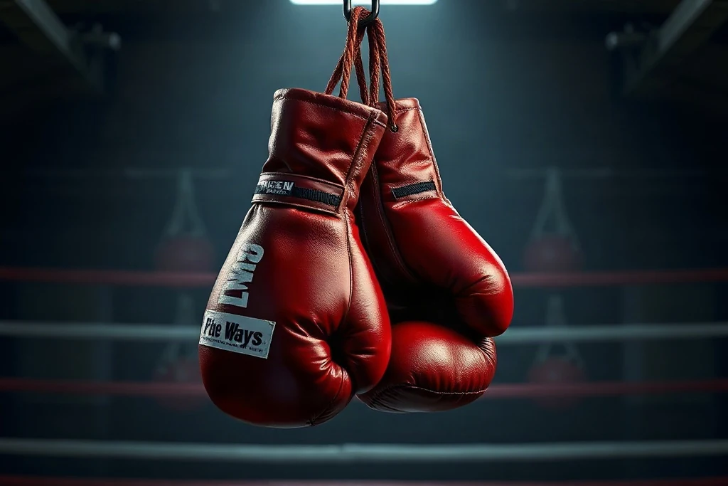 Kancada asılı boks eldivenleri, karanlık spor salonu