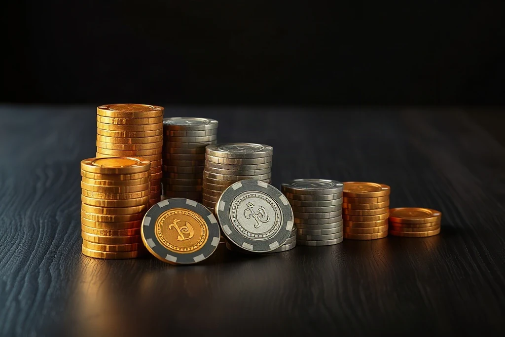 Koyu ahşap bir masanın üzerinde sadakat seviyelerini simgeleyen basamaklar hâlinde dizilmiş altın, gümüş ve bronz casino fişleri