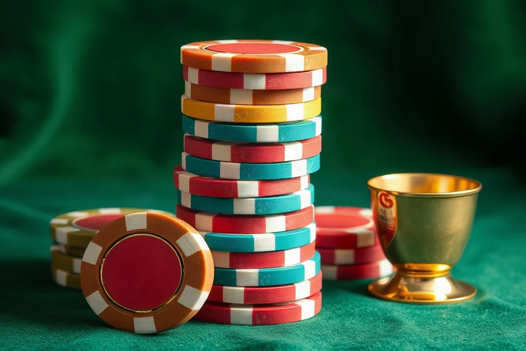 Yumuşak stüdyo ışığında kadife yeşili bir zemin üzerinde düzgün istiflenmiş renkli casino fişleri ve yanında küçük bir kupa
