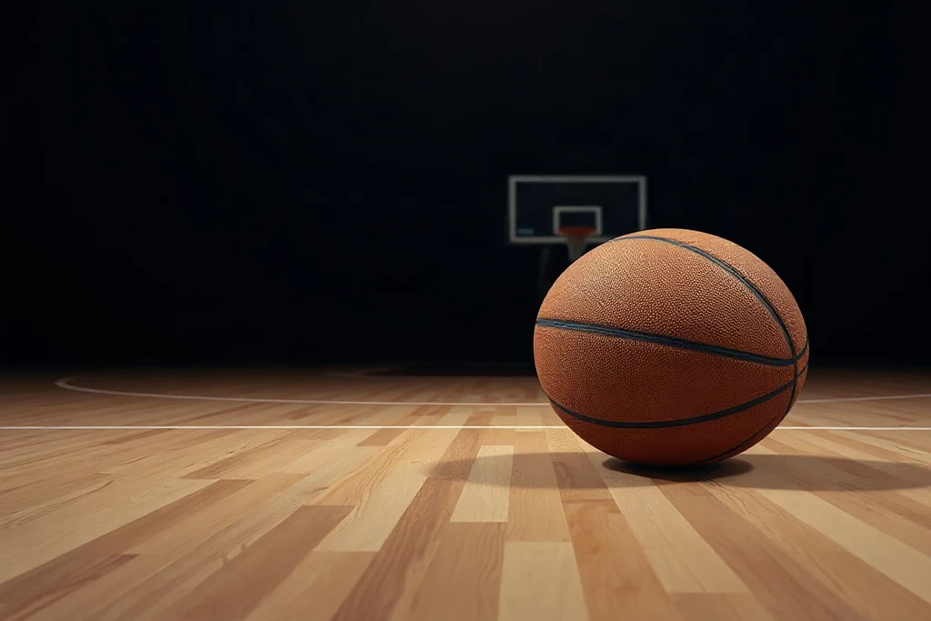 Ahşap salon zemininde basketbol topu, dramatik yan ışık