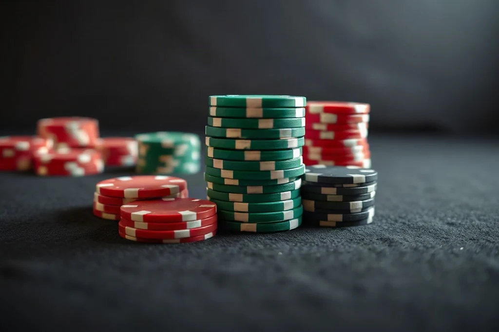 Koyu keçe masa üzerinde istiflenmiş renkli casino fişleri