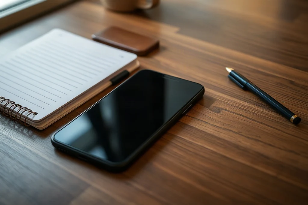Ahşap masa üzerinde karanlık ekranlı akıllı telefon ve defter