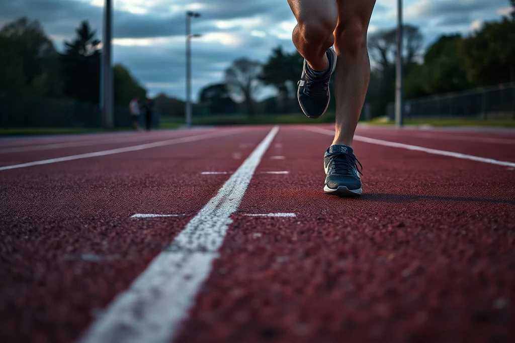Koşu pistinde spor ayakkabılar, alçak açı
