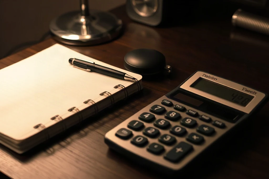 Koyu ahşap masa üzerinde defter, kalem ve küçük hesap makinesi