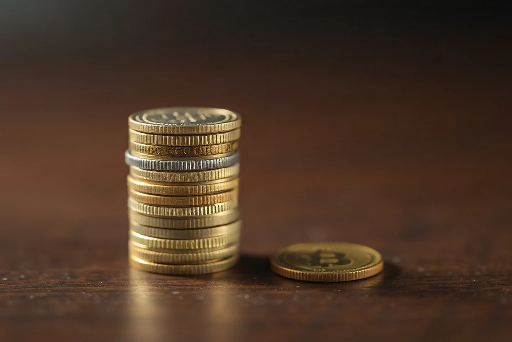 Koyu ahşap masa üzerinde küçük madeni para yığını