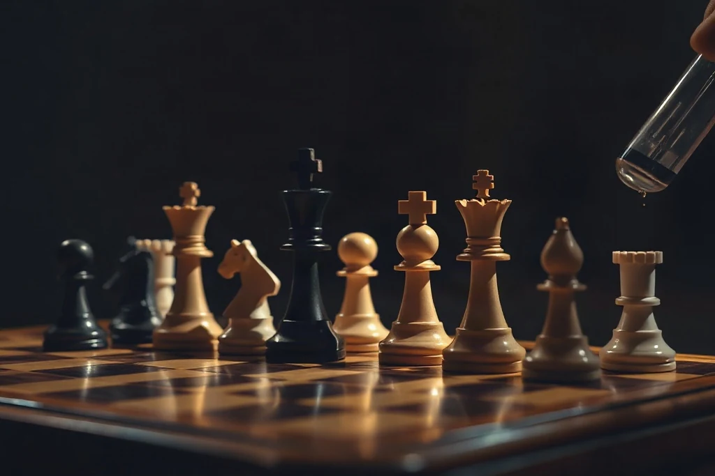 Ahşap tahta üzerinde satranç taşları, dramatik ışık