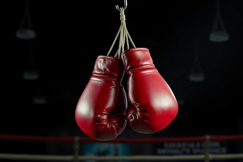 Kancada asılı boks eldivenleri, karanlık spor salonu